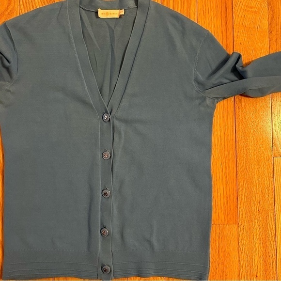 Tory Burch Color Block Solid Light Blue Cardigan Sweater Logo Buttons Sz XS - Picture 2 of 9